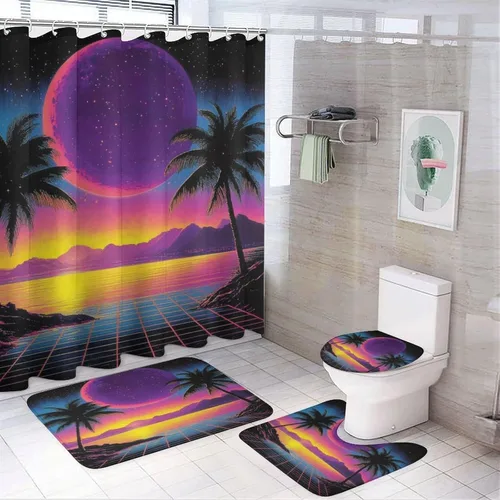 Vista 12 de 4 Pcs Abstract 80S Art Palm Leaves Shower Curtains,Modern Neon Grid Illustration Synthwave Anime Bathroom Set Shower Mat Shower Curtains Rug 12 Hooks