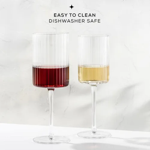 Vista 3 de JoyJolt Elle Copas de Vino Acanaladas, Juego de 2 Copas de Vino Tinto de 17.5oz, Copa con Pie Única, Copas de Cóctel de Estilo Vintage con Pie