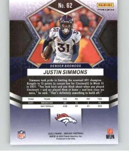 Vista 2 de 2022 Panini Mosaic Mosaic Reactive Orange #62 Justin Simmons Denver Broncos NFL Football Trading Card