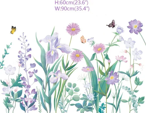 Vista 4 de Runtoo Pegatinas de pared con diseño de flores moradas, diseño de mariposas, jardín, para niñas, dormitorio, baño, cuarto de bebé, decoración