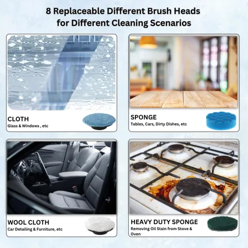 Vista 5 de Limpiador eléctrico giratorio, cepillo de limpieza inalámbrico con 8 cabezales reemplazables, mango ajustable, limpiador eléctrico de doble