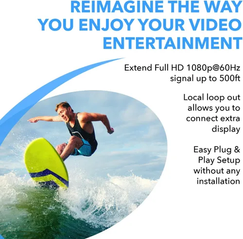 Vista 6 de OREI Extensor HDMI HDBaseT de 1080p a través de cable LAN Ethernet Cat5e/6, hasta 500 pies, compatible con HDCP 1.4, IR bidireccional, salida HDMI