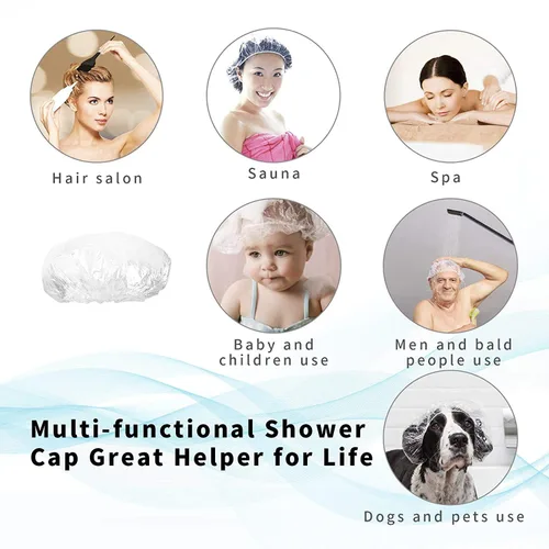 Vista 4 de 30 unidades de gorros de ducha desechables - Gorro de baño multiusos, grueso, elástico, impermeable, transparente, de plástico, para mujeres en spa