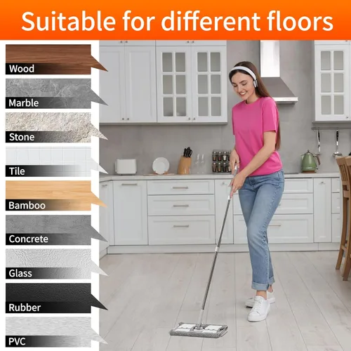 Vista 6 de Trapeador húmedo de microfibra de 360° para limpieza de suelos; 4 almohadillas de microfibra reutilizables resistentes; altura ajustable