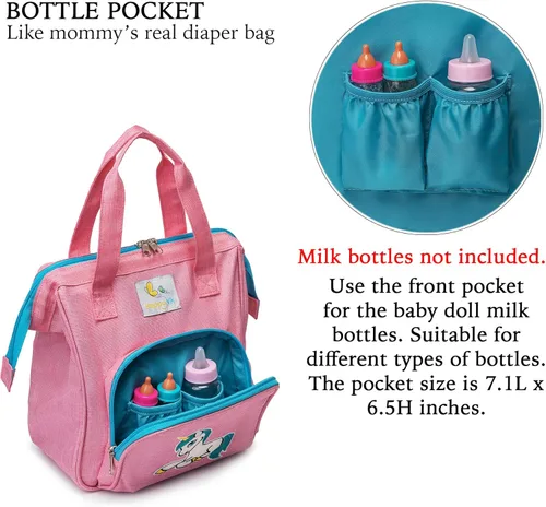 Vista 6 de HappyVk - Bolsa de pañales rosa para muñecas con cambiador de muñecas- Bolso para niñas - Unicornio