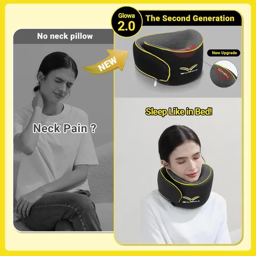 Vista 2 de Glowa Almohada de viaje, almohada para el cuello para avión y automóvil. Actualización en 2025, rango ajustable más amplio. Efecto de soporte Negro