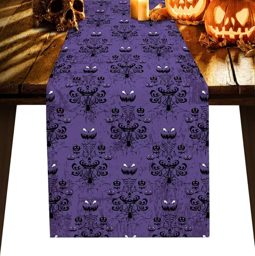 Camino de mesa de arpillera de lino, bufandas de tocador, mansión encantada de Halloween, decoración de fantasmas sonrientes sombríos, caminos de