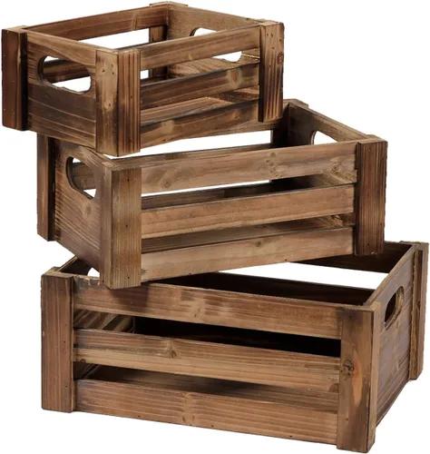Vista 10 de Juego de 3 cajas de madera de granja, cajas de madera envejecida para exhibición, contenedores de almacenamiento de madera decorativos, cesta
