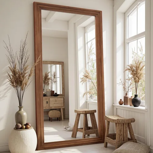 Vista 18 de Espejo de longitud completa, espejo de madera de 71" × 32" con soporte, espejo de piso de madera, espejos de pie de gran tamaño, espejos de pared