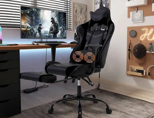 Vista 29 de Silla para juegos, silla giratoria de altura ajustable con reposacabezas y soporte lumbar de masaje, silla ergonómica de policarbonato