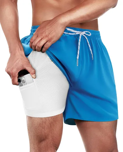 Vista 18 de Gleeease Traje de baño para hombre de 5 pulgadas con forro de compresión, 2 en 1, elástico, de secado rápido, bolsillos divertidos con cordón