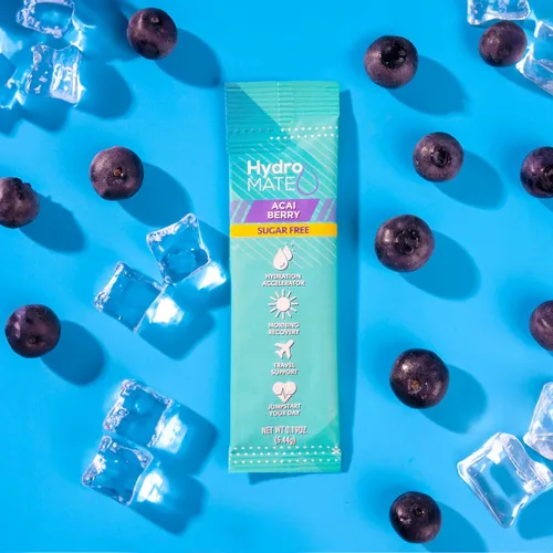 Vista 2 de Paquetes de hidratación sin azúcar en polvo de electrolitos Acai Berry HydroMATE 30 Sticks
