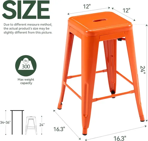 Vista 3 de Taburete Vogue Furniture Direct de 24 pulgadas, taburete de metal sin respaldo, taburete alto para encimera de interior o exterior con asiento