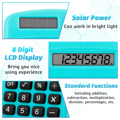 Vista 4 de Calculadora de función estudiantil de tamaño de bolsillo a granel, mini calculadora de batería solar básica colorida para Navidad, regalos