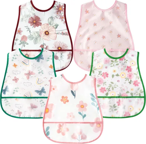 Vista 6 de R HORSE Juego de 5 baberos para bebés con bolsillo para atrapar migas y botón a presión, baberos impermeables para bebés de 6 a 24 meses