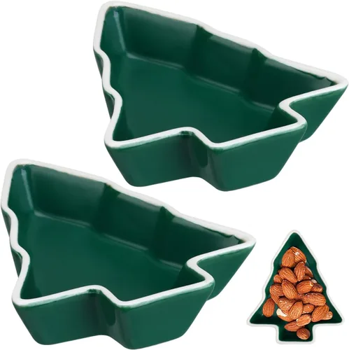 Vista 2 de UPKOCH 2 platos con forma de árbol verde, cuenco de árbol de Navidad: bandejas de cerámica para aperitivos, platos para servir dulces, platos