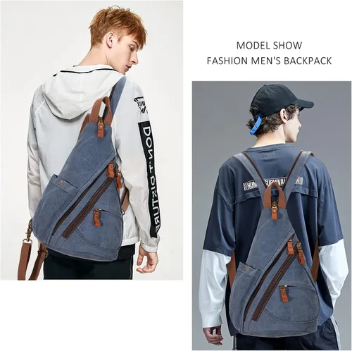 Vista 7 de KL928 Canvas Sling Bag - Small Crossbody Backpack Shoulder Casual Daypack Rucksack for Men Women