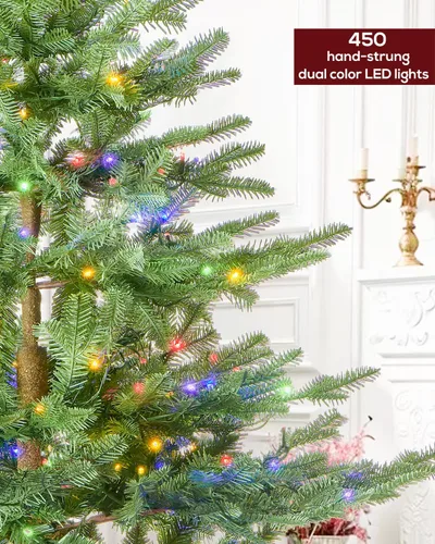 Vista 3 de Árbol de Navidad artificial de 6 pies preiluminado de abeto con control remoto, 450 luces multicolor blancas cálidas, con bisagras/sensación