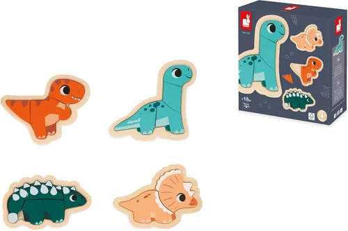 Vista 6 de Janod 4 rompecabezas progresivos de dinosaurio de madera FSC, de 2 a 5 piezas, juguetes para niños, juegos educativos, juguetes de primeros años, 18