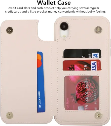 Vista 7 de iCoverCase Compatible con Funda para iPhone XR con Tarjetero, Funda de Teléfono Tipo Cartera para Hombres y Mujeres con Bloqueo RFID de Piel Beige