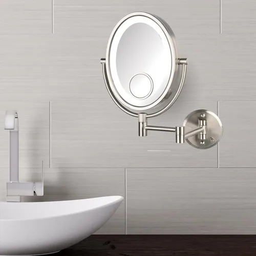 Vista 6 de JERDON Espejo de maquillaje de pared de dos caras con luces - Espejo de maquillaje iluminado con aumento de 10X y brazo de montaje en pared - Espejo