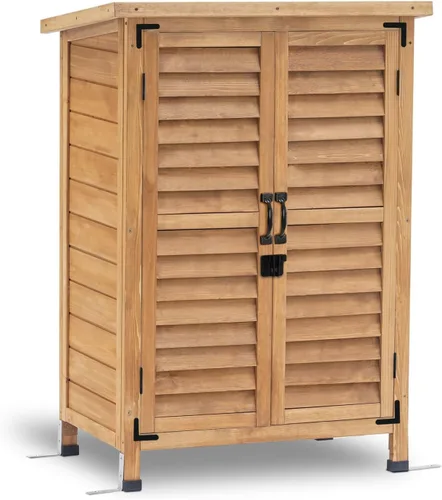 Vista 9 de MCombo Armario de almacenamiento para exteriores, pequeño cobertizo de almacenamiento con estante extraíble, cobertizo de jardín de madera con 2
