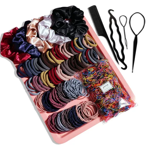Vista 9 de YANRONG Juego de 1159 piezas de accesorios para el cabello para mujer, sin costuras, variedad de coleteros para el cabello, bandas elásticas