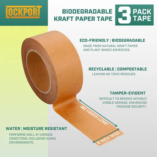 Vista 4 de Lockport Cinta de embalaje marrón respetuosa con el medio ambiente, 2 pulgadas x 50 yardas, 3 rollos de cinta de papel kraft marrón con fuerte