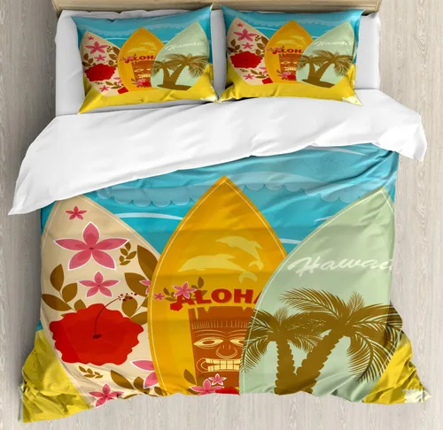 Vista 48 de Ambesonne Hawaii - Juego de funda de edredón de verano, palmeras y hojas exóticas de helecho, fondo colorido abstracto, juego de ropa de cama