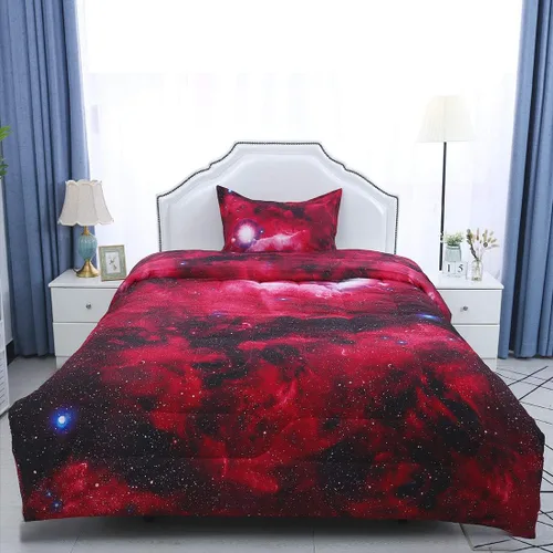 Vista 2 de uxcell Juego de edredón tamaño individual, color rojo galaxia para cama individual, ropa de cama temática del espacio exterior 3D, edredón acolchado