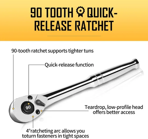 Vista 3 de boen Manija de trinquete de 3/8 pulgadas, llave de trinquete de 90 dientes de liberación rápida, giro de 4 grados, reversible, hecha de aleación