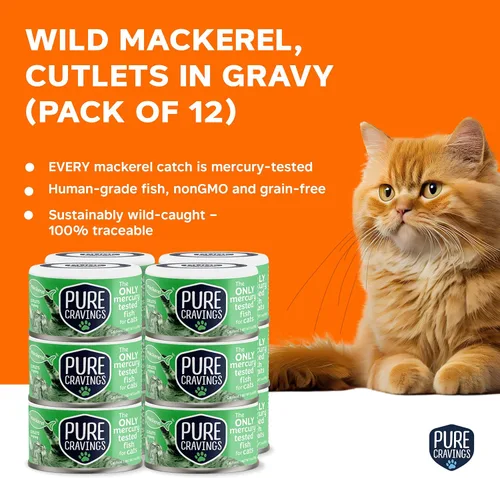 Vista 2 de Pure Cravings - Comida húmeda para gatos, filetes de caballa en salsa, cada captura es probada para mercurio, lata húmeda de pescado para gatos, sin