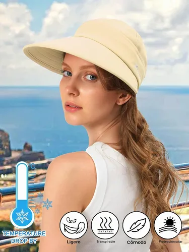 Vista 3 de Sombreros de sol para mujer, visera ancha con protección UV, doble propósito, para playa, verano, gorra plegable Beige