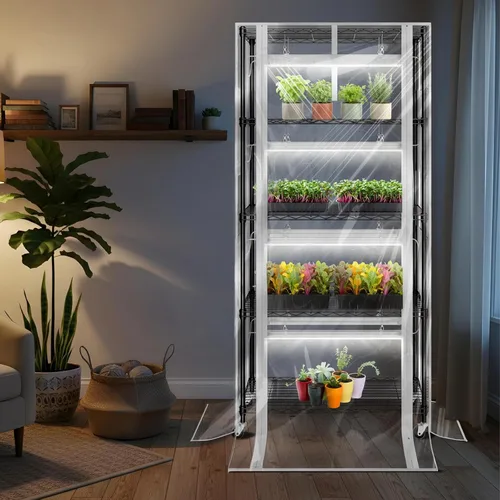 Vista 7 de SOLIGT Invernadero interior con luces de cultivo, estante para plantas de 5 niveles y 8 luces de espectro completo de 6000 K de 2 pies, cubierta