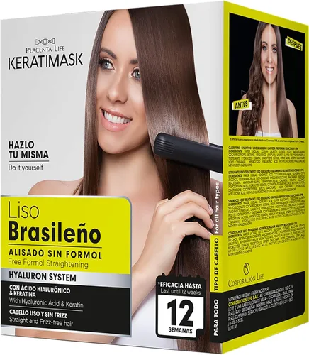 KIT DE ALISADO BRASILEÑO DE PLACENTA LIFE KERATIMASK con queratina y ácido hialurónico - Tratamiento de queratina - Obtén un cabello perfectamente
