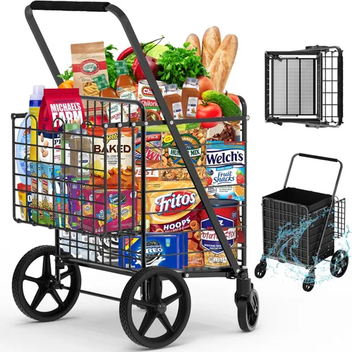 Vista 9 de 【2025𝐍𝐄𝐖】Carrito de compras plegable extra grande de 2 niveles con ruedas, carrito de compras de 400 libras para víveres con 2 cestas extraíbles