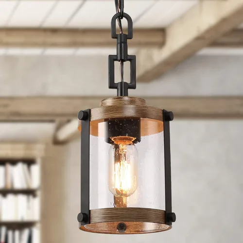 LOG BARN Iluminación colgante para isla de cocina, mini lámpara de granja en metal de madera sintética con pantalla de vidrio burbujeado, accesorio