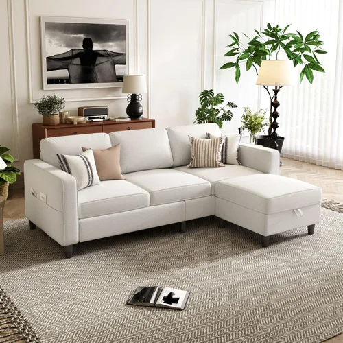 Vista 10 de Sofá Seccional Sofás para Sala de Estar - Sofá Moderno en Forma de L de Terciopelo Negro de 3 Asientos con Otomana de Almacenamiento Reversible
