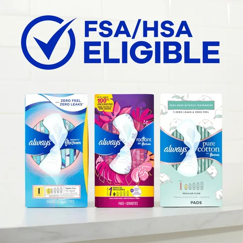 Vista 9 de Always Almohadillas femeninas de algodón puro para mujer, almohadillas FlexFoam con alas, talla 1, absorción regular, sin perfume, 84