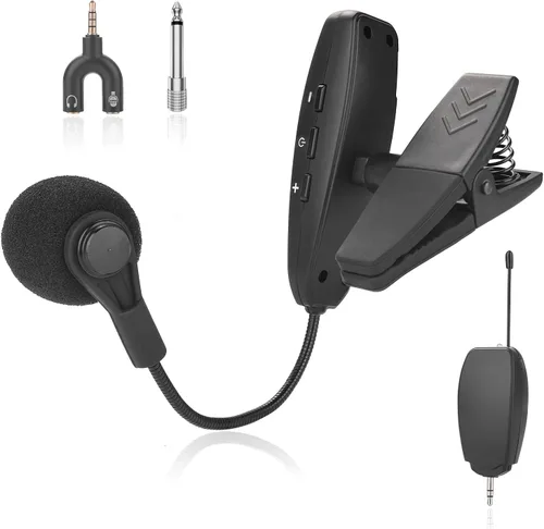 Micrófono inalámbrico para instrumentos, UHF con clip y condensador, para trombones, trompetas, clarinetes, saxofones, violonchelo, computadora,