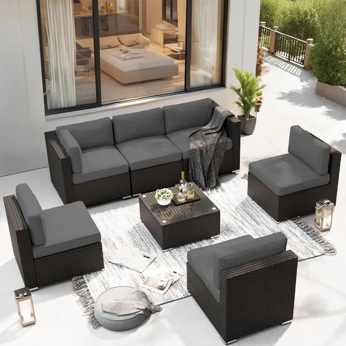 Vista 10 de Betterland Juego de muebles de patio de sofá seccional de 7 piezas, para todo tipo de clima, mimbre de ratán de polietileno con cojín lavable, mesa