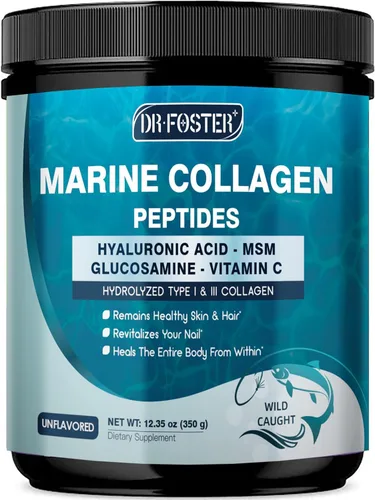DRFOSTER Polvo de péptidos de colágeno marino para apoyo articular, colágeno hidrolizado de pescado tipo I y III con MSM + GC, ácido hialurónico y