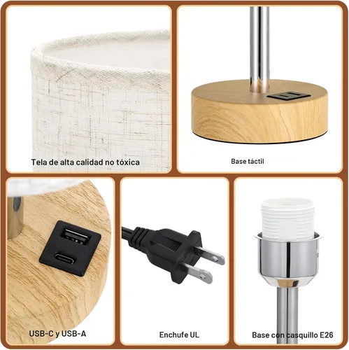 Vista 6 de Dicoool Lámpara táctil de mesita de noche con USB, lámpara de madera regulable de 3 vías para mesita de noche de dormitorio, lámpara de escritorio