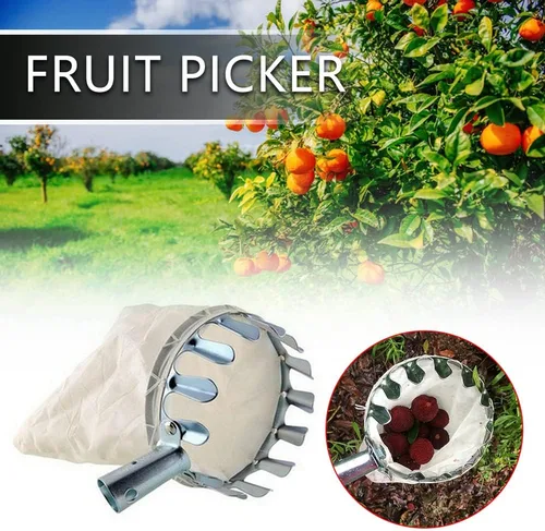 Vista 2 de Cesta de metal para recoger frutas, diámetro de 5.906 in, bolsa de algodón, rama alta, herramienta auxiliar para recolección de frutas, manzana