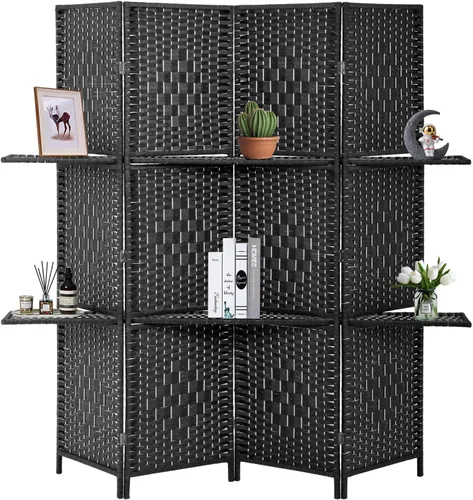 Divisor de habitación de 4 paneles, pantalla de madera plegable, portátil, con estantes de almacenamiento extraíbles, color negro