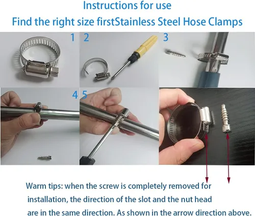 Vista 4 de Abrazadera de manguera, paquete de 10 abrazaderas de manguera de engranaje helicoidal de acero inoxidable 304 ajustable de 6 a 2.008 in, abrazaderas