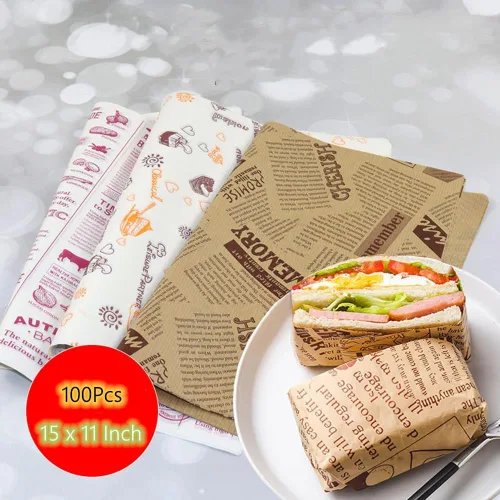 Vista 2 de 100 piezas de bolsas de papel para empaquetado de sándwiches - Hojas de papel encerado para alimentos, envoltorios para cestas, envoltorios