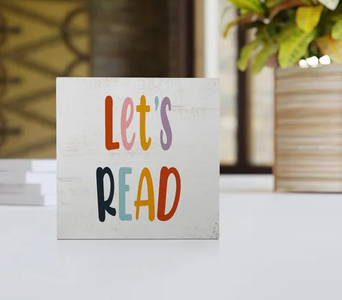 Vista 2 de Letrero de madera con texto en inglés "Let's Read", decoración de escritorio para el hogar, aula, rincón de lectura, sala de lectura, decoración