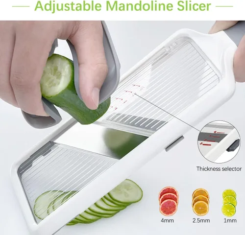 Vista 2 de Rebanadora de Mandolina Manual Múltiple - Cuchilla de Acero Inoxidable Ajustable, Cortador de Verduras con Agarre Cómodo, Características