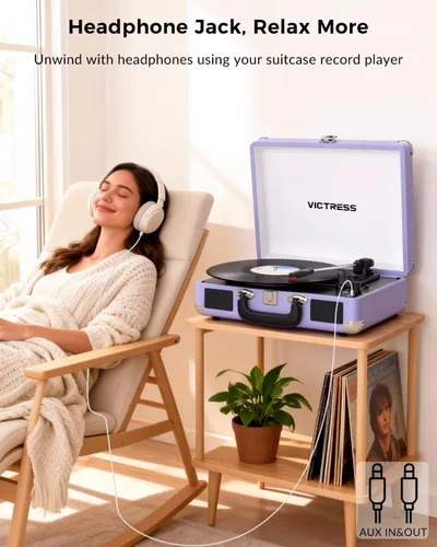 Vista 11 de Tocadiscos de maleta portátil Bluetooth con altavoces estéreo, tocadiscos de 3 velocidades, grabación USB a digital, conector RCA/AUX